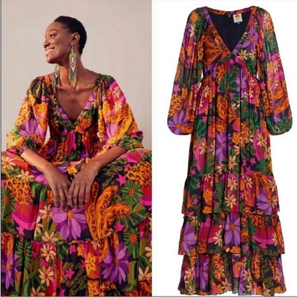 Farm Rio Starfruit Tropical V neck tiered long balloon sleeves Double maxi dress